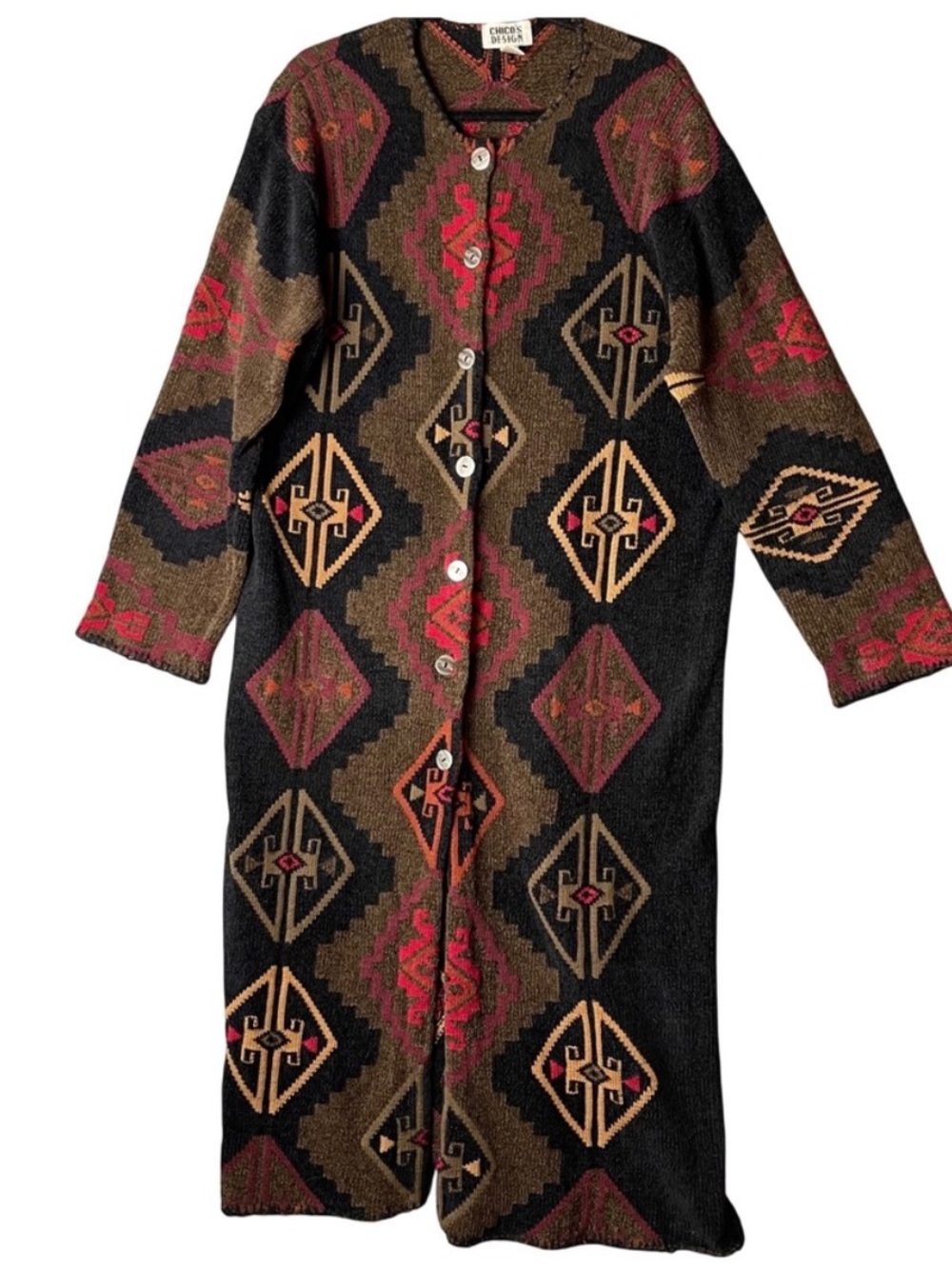 Chicos Design Long Southwestern Pattern Cotton Cardigan Sweater Coat Size L XL